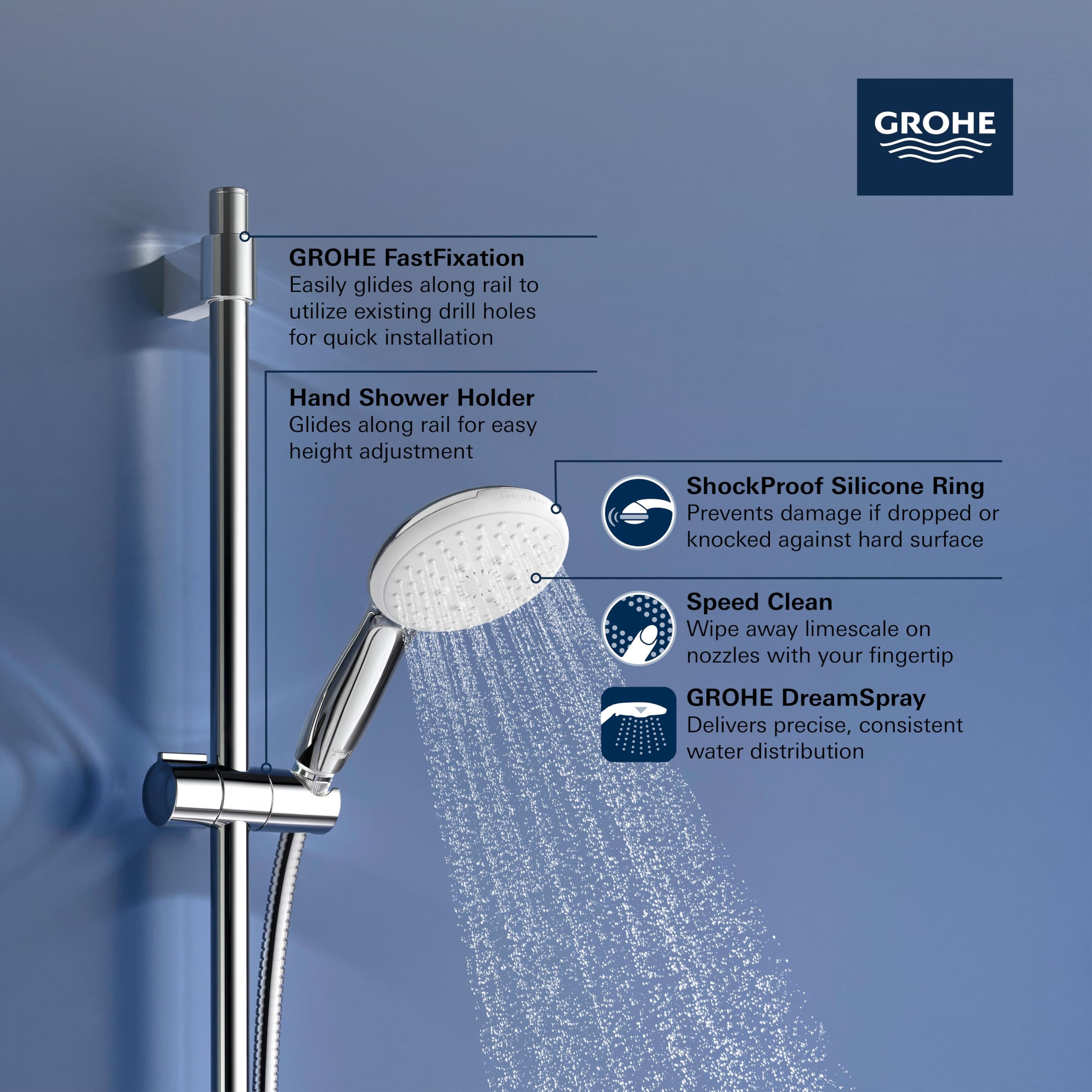 GROHE 267612432 Tempesta 24-Inch Shower Rail Set, 3-Spray, Round